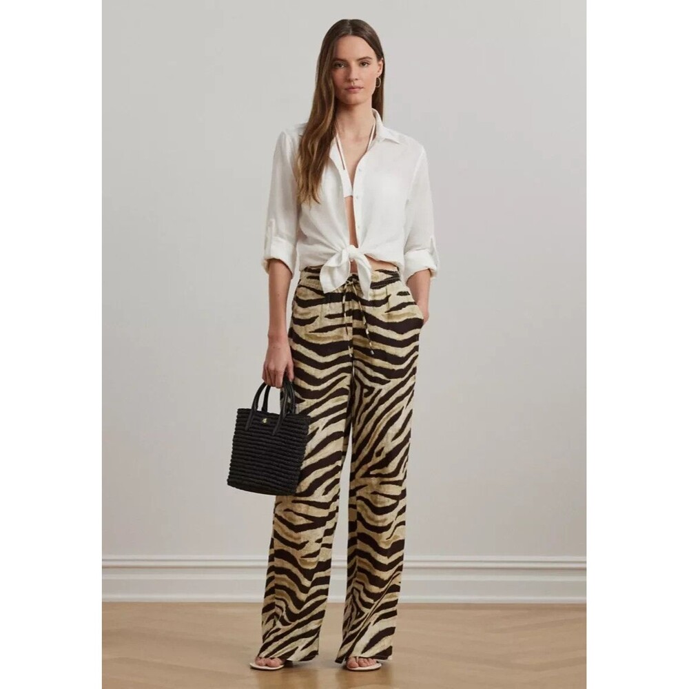 Lauren Ralph Lauren Women's Zebra-Print Linen Wide-Leg Pants Cream Brown XXL - Picture 4 of 13